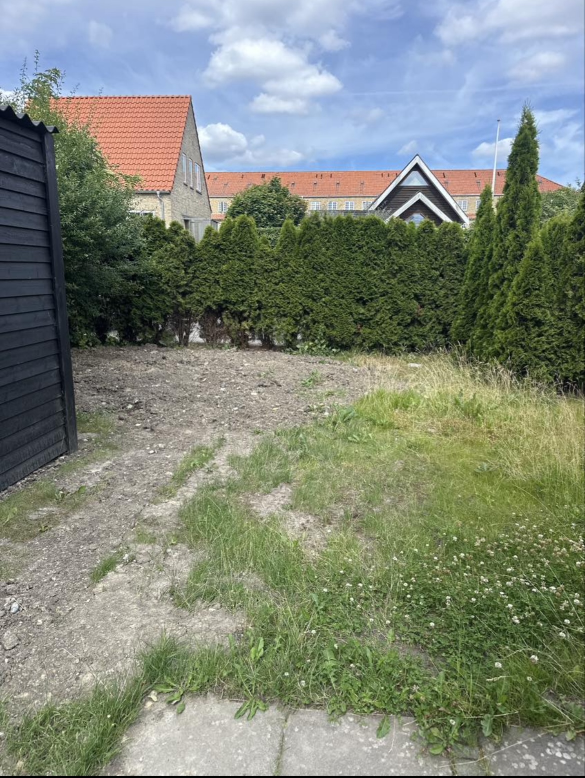 Før: bar, komprimeret jord uden vækstlag langs skuret