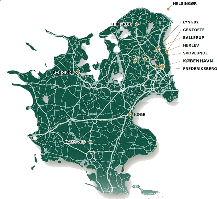 Kort over Sjælland med markering af de byer, Gartner Kompagniet varetager opgaver i – bl.a. København, Frederiksberg, Gentofte, Lyngby, Ballerup, Herlev, Skovlunde, Roskilde, Hillerød, Helsingør, Køge og Næstved